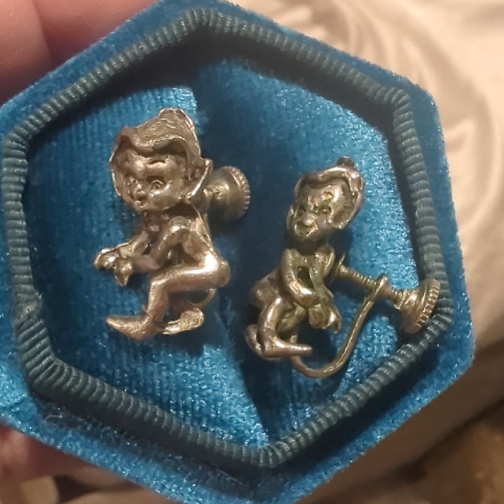 Vintage Silver Pixie Elf Screw Back Earrings - image 1